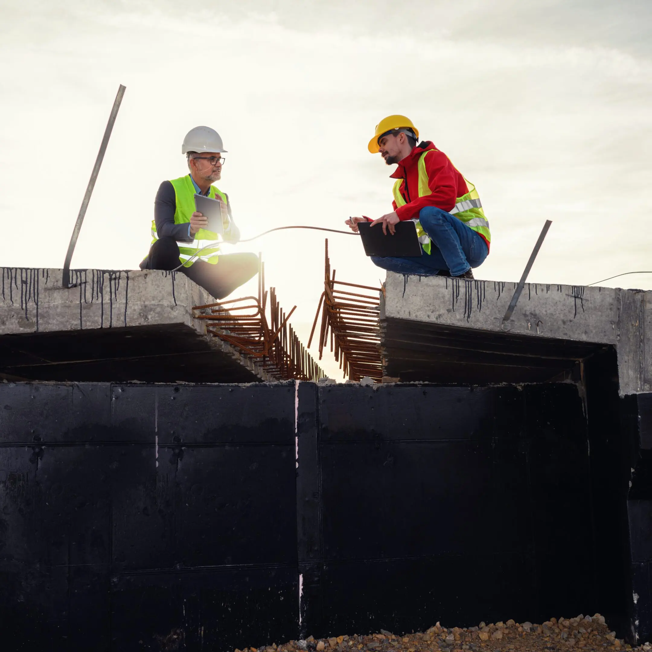 Construction workers inspecting a bridge