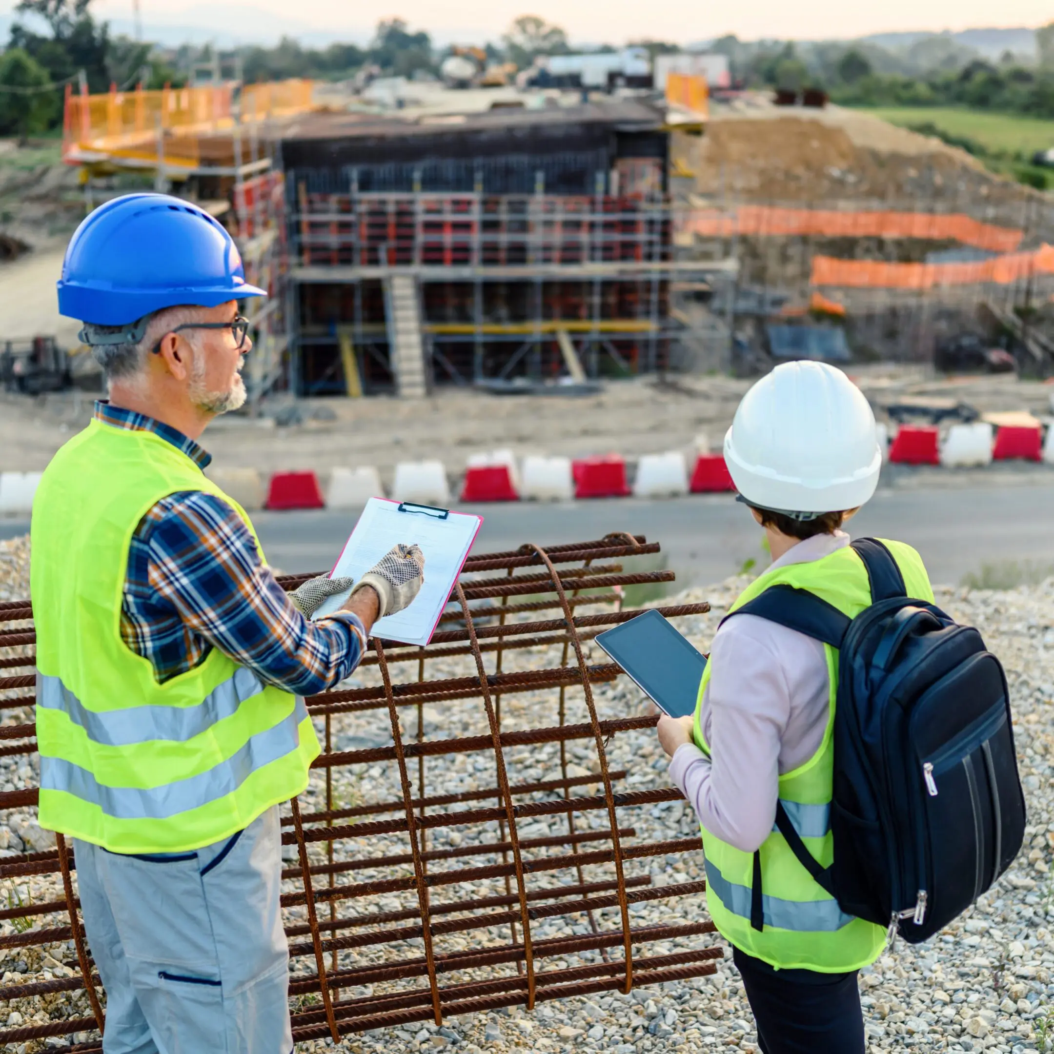 Workers in safety gear on construction site