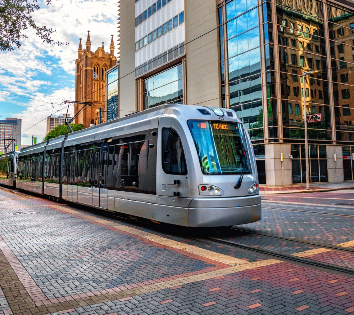 Light rail vehicle on city tracks